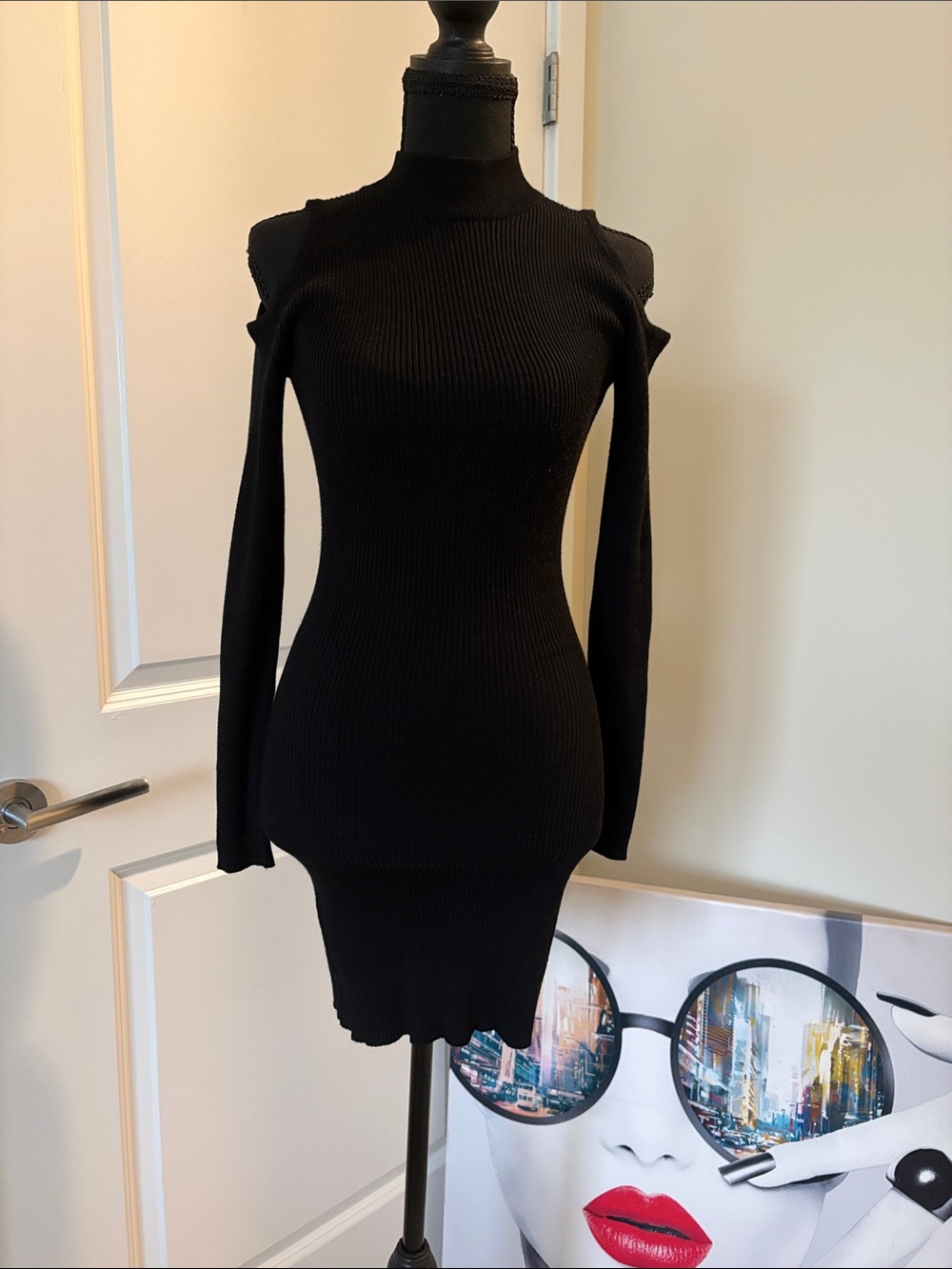Ambiance Black Ribbed Cold-Shoulder Long Sleeve Dress